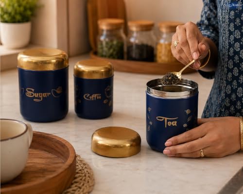 Premium Tea Sugar Coffee Canister Set of 3, Modern Blue Colour with Golden Lids, Stainless Steel Matte Storage Jars, Ideal for Gifting, Dishwasher Safe